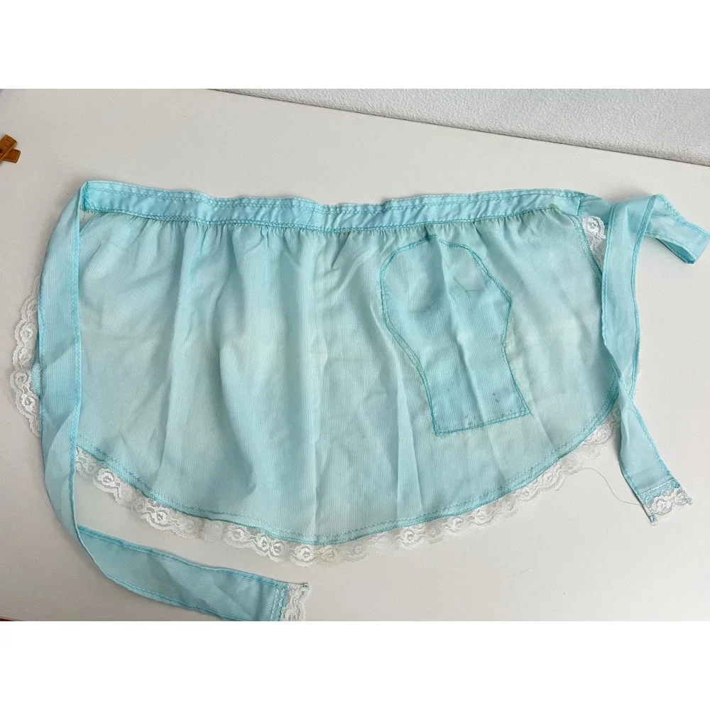 Vintage Light Blue Sheer Half Apron White Lace Trim Pocket Retro Mid Century